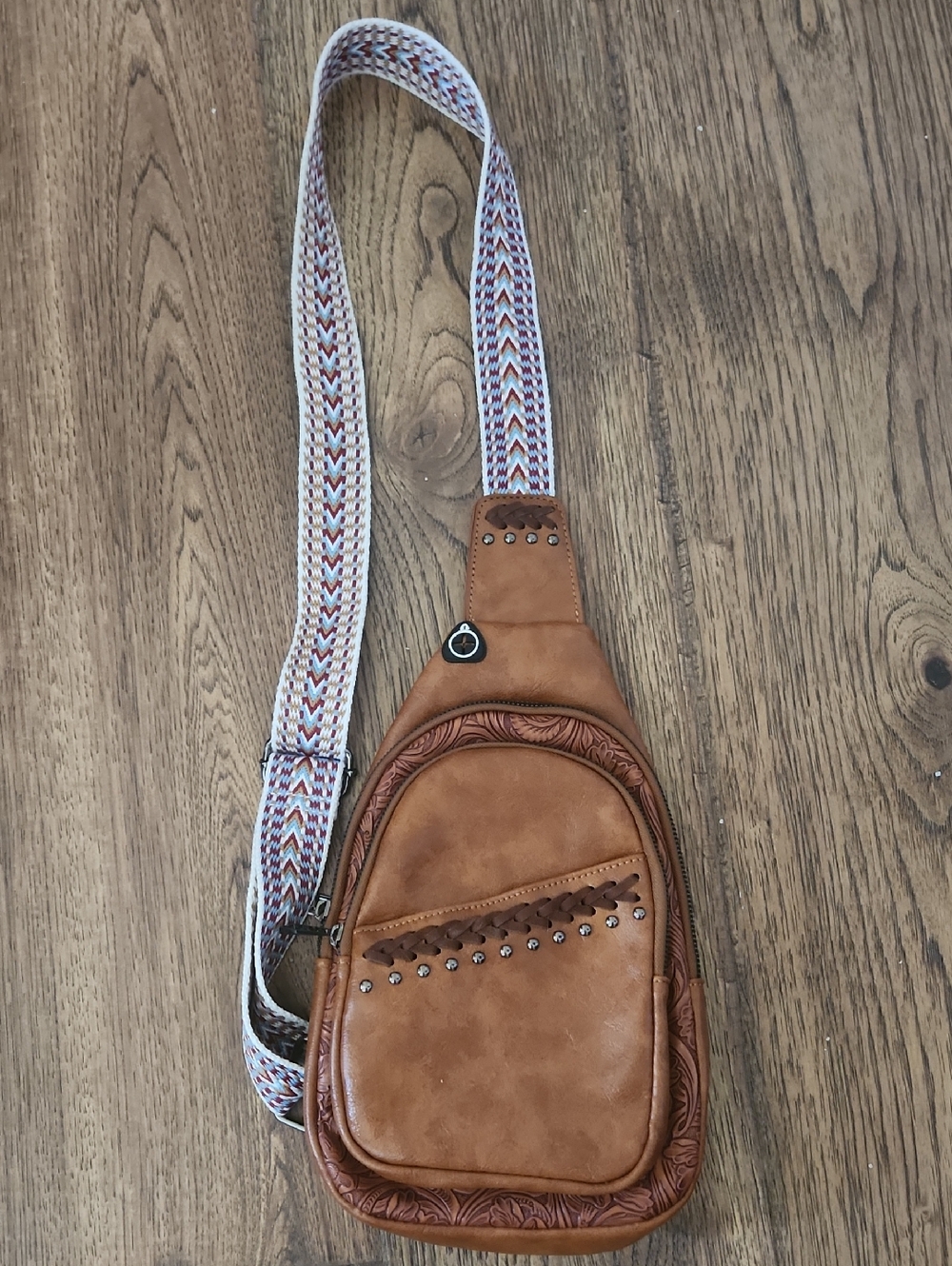 Tan Pleather Sling Bag with Decorative Studs and Woven Strap
